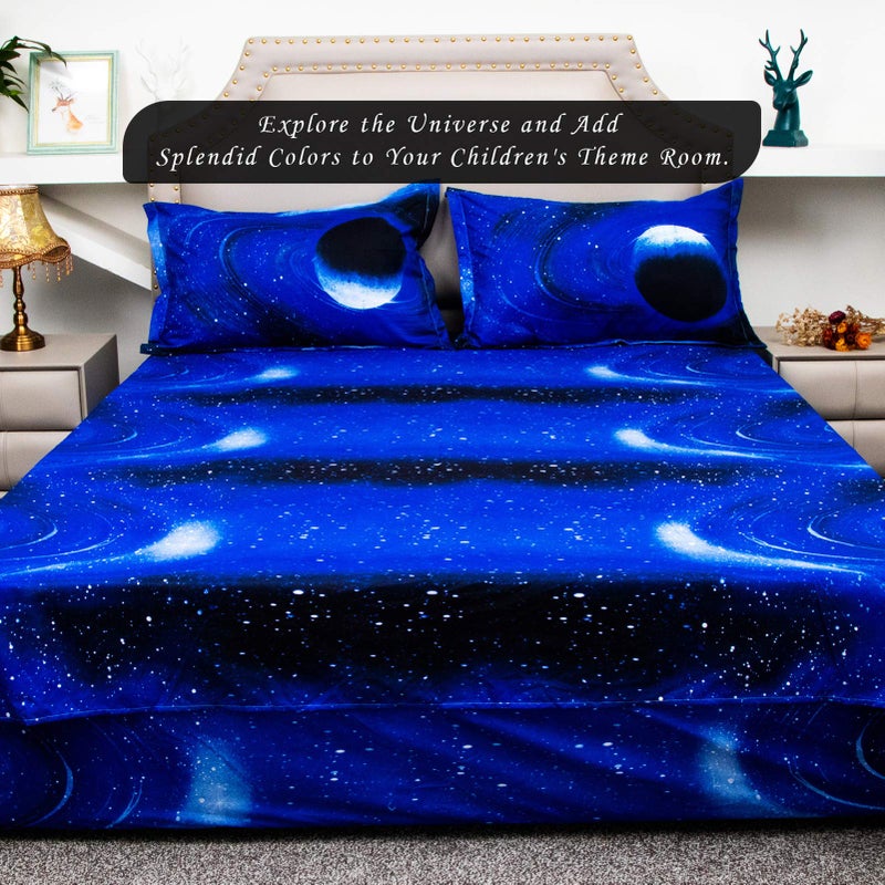 Bedlifes Galaxy Outer Space Sheet Set, Galaxy Themed, 3 pcs Including Flat Sheet, Fitted Sheet, and 1 Pillowcase (Light Blue Full) - Image 3